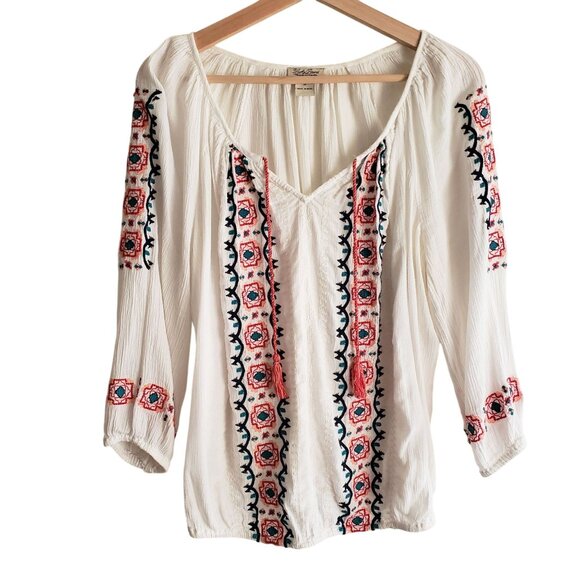 Lucky Brand Embroidered Peasant M White w Red Tasseled Boho Relaxed Blouse - Picture 1 of 11